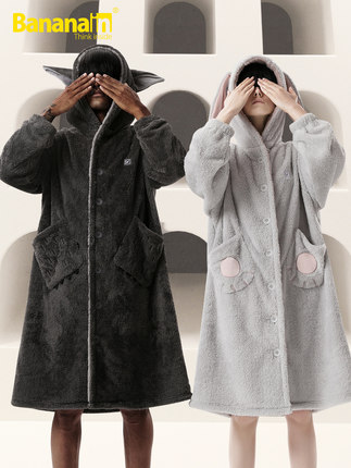 Bananain 520C men's coral fleece home service cute cartoon nightgown female nightgown female autumn and winter long section